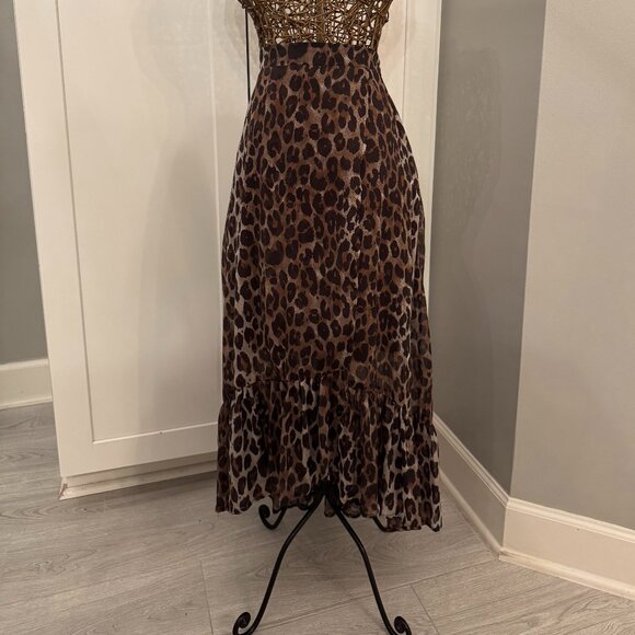 By Together | Leopard Print Midi Skirt with Slit & Ruffle Hem | Brown | Large - Picture 1 of 2